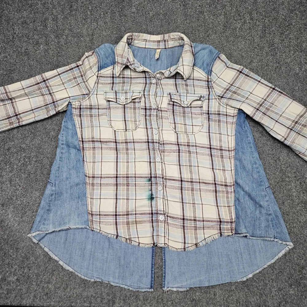 Free People Plaid Denim Back Shirt Medium Cream Blue‎ Patchwork Grunge 2010s